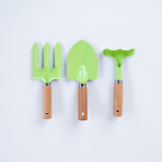 סט כלי גינון לילדים - 3 חלקים עם ידיות עץ